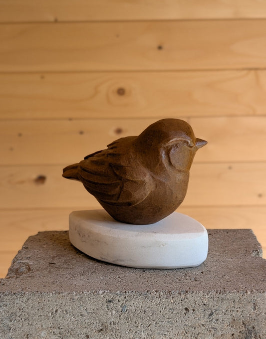 Morning Coffee - Songbird #14, an original stone songbird carving by Canadian artist Andrew Gable.