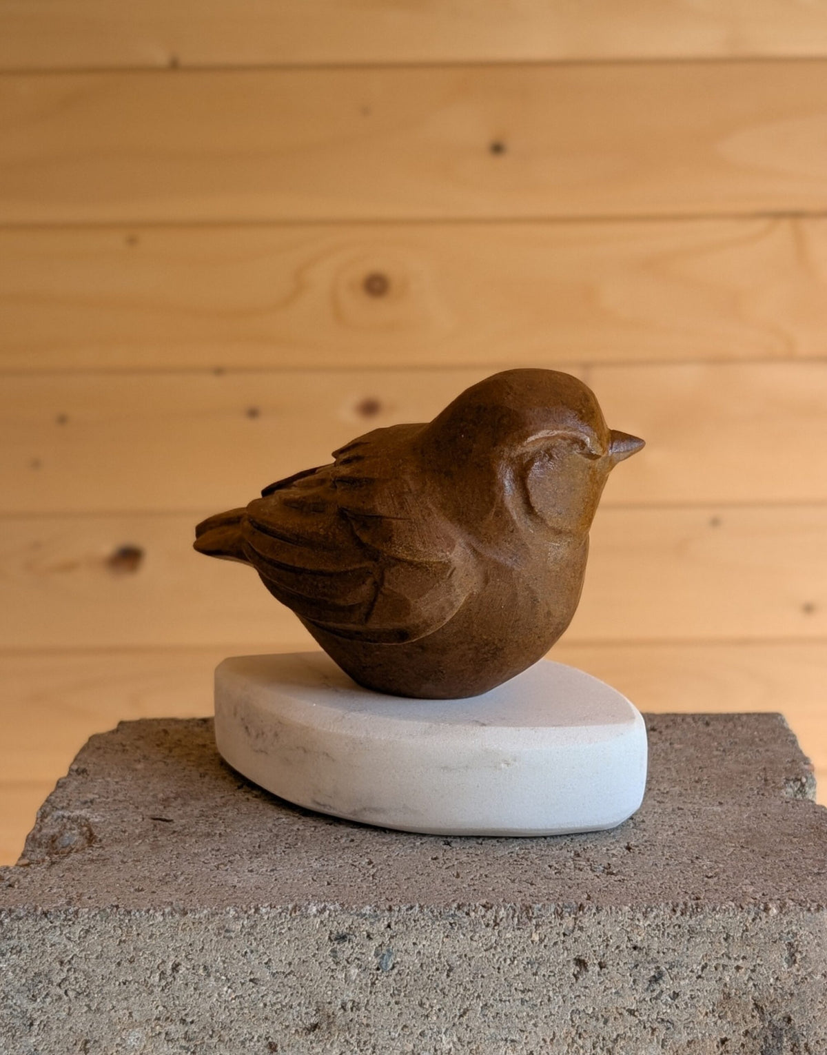 Morning Coffee - Songbird #14, an original stone songbird carving by Canadian artist Andrew Gable.