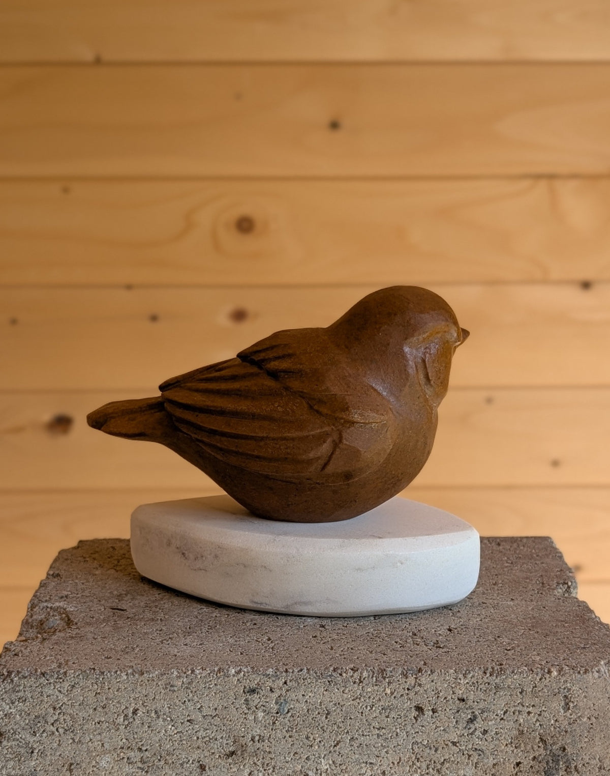 Morning Coffee - Songbird #14, an original stone songbird carving by Canadian artist Andrew Gable.