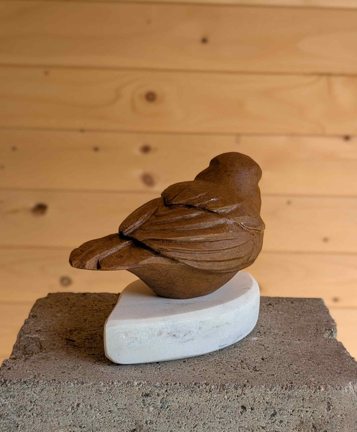 Morning Coffee - Songbird #14, an original stone songbird carving by Canadian artist Andrew Gable.