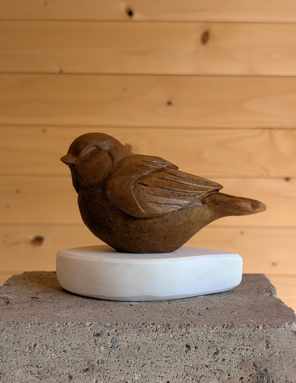 Morning Coffee - Songbird #14, an original stone songbird carving by Canadian artist Andrew Gable.