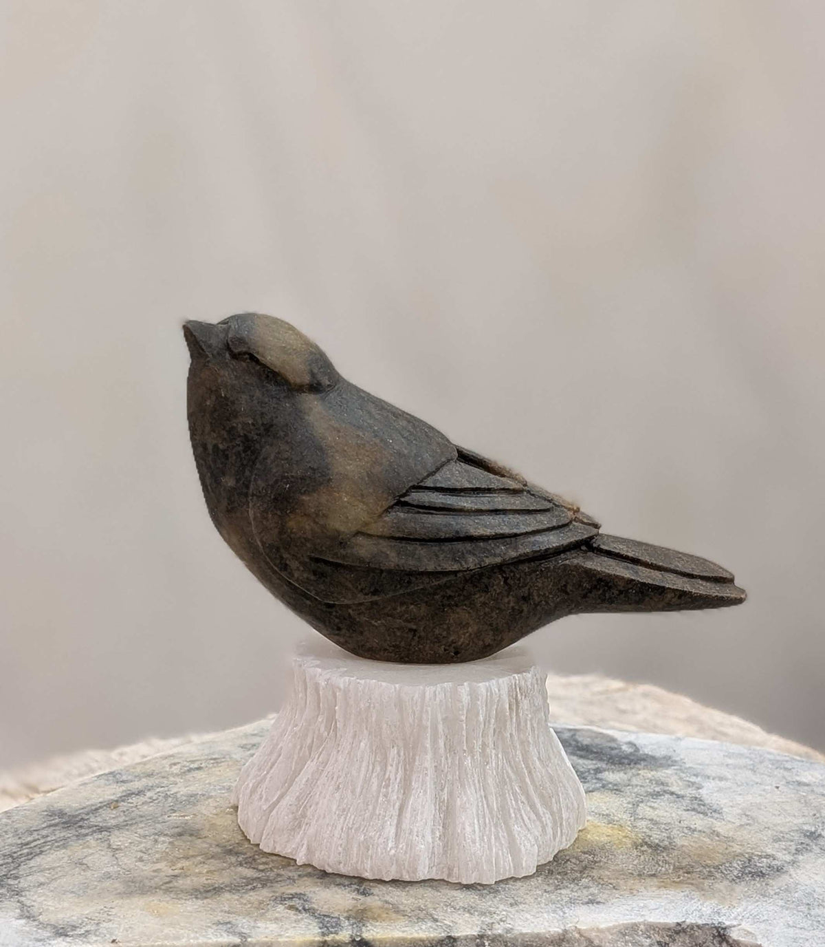 Morning Song - Songbird #15, an original stone songbird carving by Canadian artist Andrew Gable.